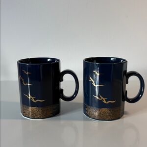 Vintage Otagiri Blue Mugs with Gold Seagulls made in Japan